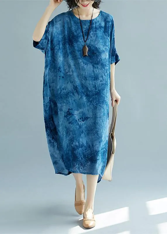 2019 blue long linen dress plus size O neck floral linen clothing dresses casual short sleeve baggy dresses linen caftans