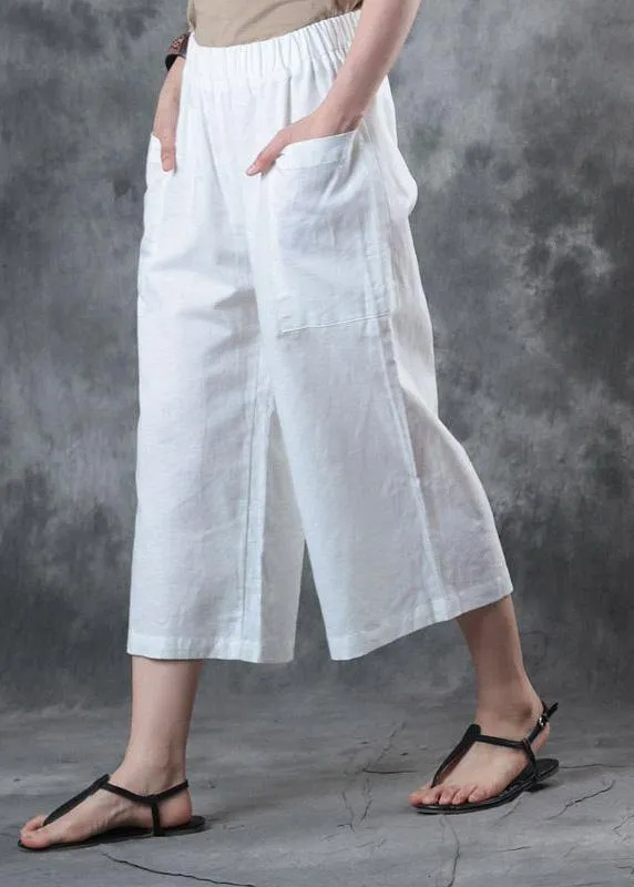 2019 women linen pants loose elastic waist crop white pants