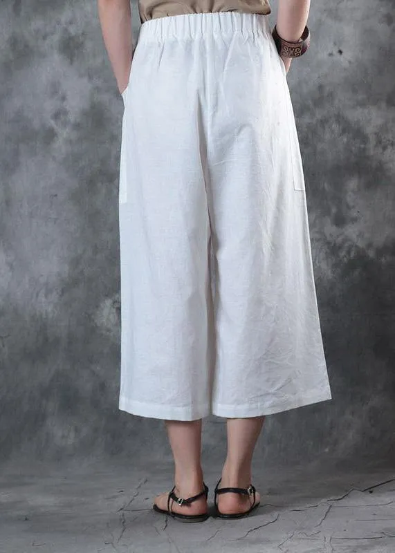 2019 women linen pants loose elastic waist crop white pants