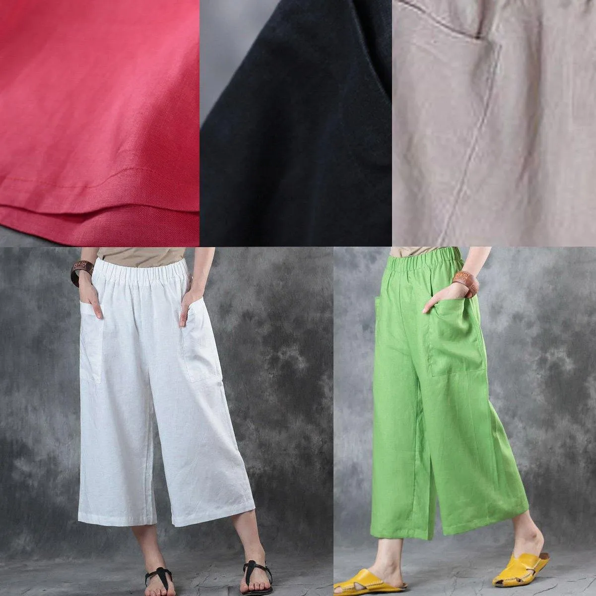2019 women linen pants loose elastic waist crop white pants