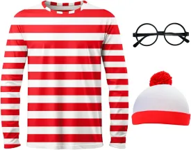 Adult Red and White Striped Shirt Men Funny Halloween Costumes Shirt Hat Socks and Glasses Suits