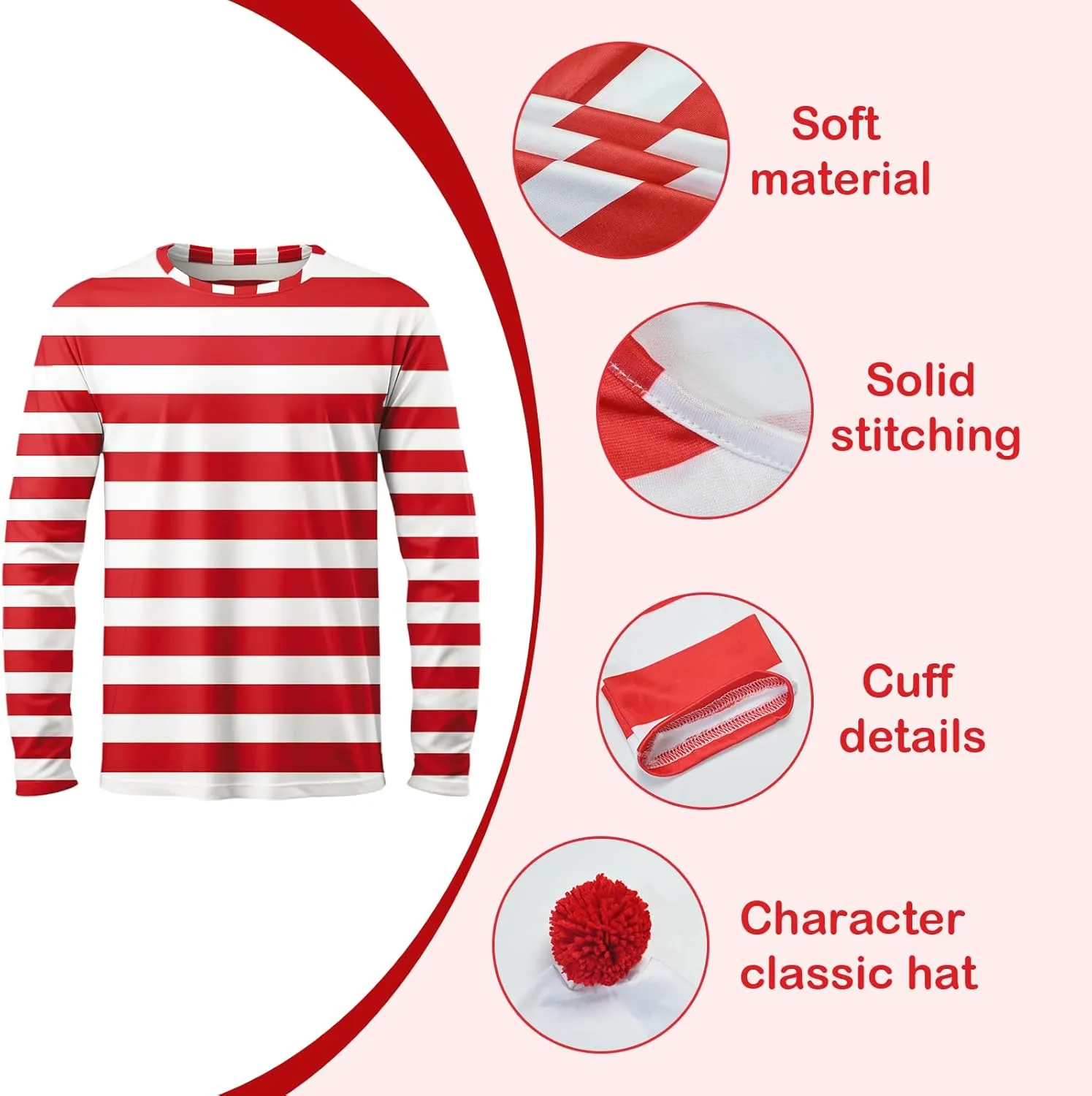 Adult Red and White Striped Shirt Men Funny Halloween Costumes Shirt Hat Socks and Glasses Suits