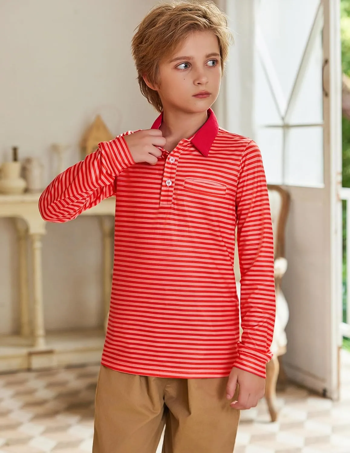 Arshiner Boy's Long Sleeve Plaid Trim Polo Shirt School Uniform Shirt with Pocket for 4-12 Years