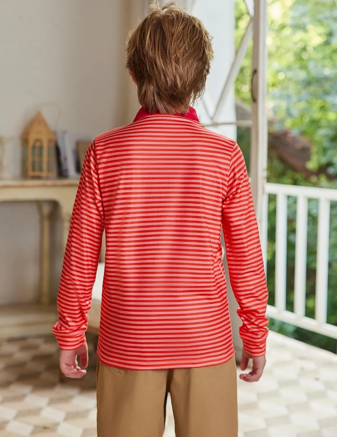Arshiner Boy's Long Sleeve Plaid Trim Polo Shirt School Uniform Shirt with Pocket for 4-12 Years