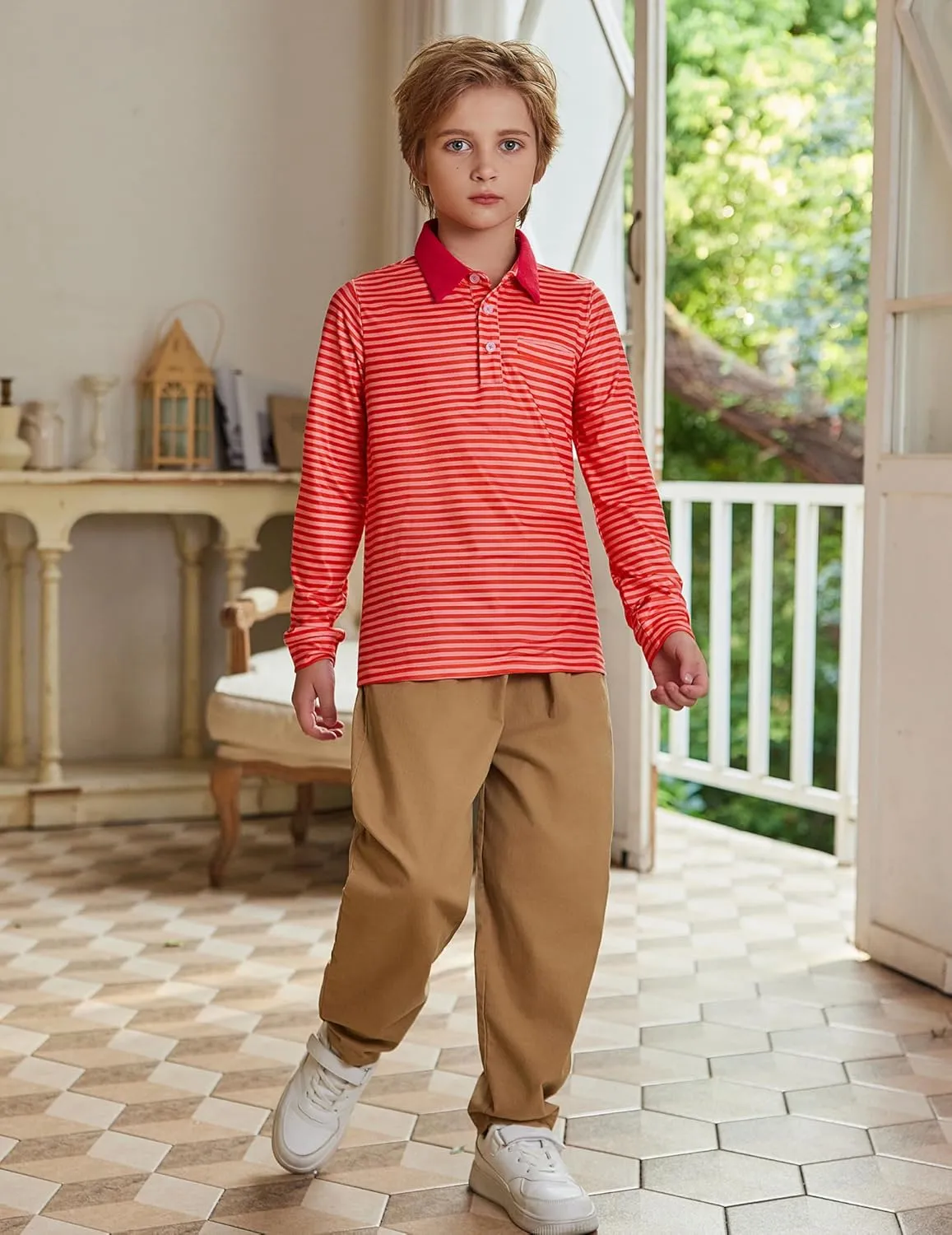 Arshiner Boy's Long Sleeve Plaid Trim Polo Shirt School Uniform Shirt with Pocket for 4-12 Years