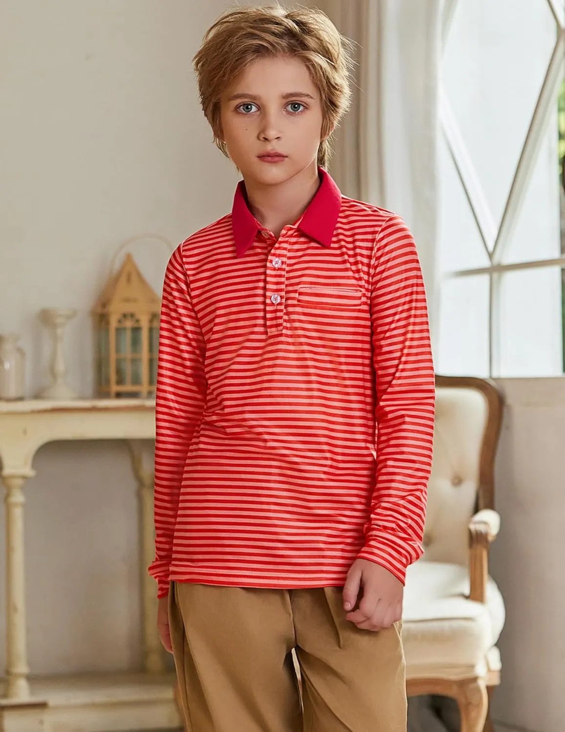 Arshiner Boy's Long Sleeve Plaid Trim Polo Shirt School Uniform Shirt with Pocket for 4-12 Years