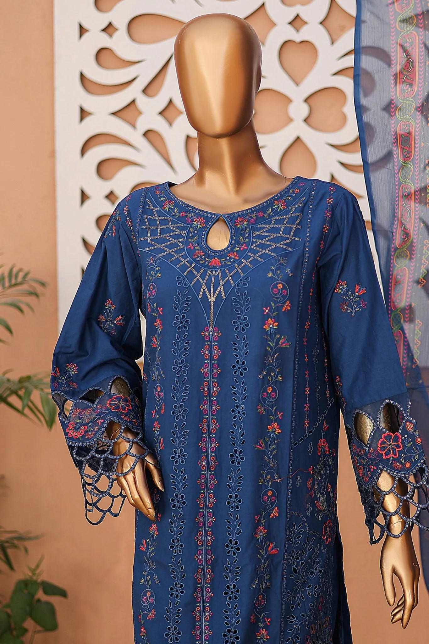 Bin Saeed Stitched 3 Piece Luxury Emb Lawn Collection'2024-LF-652-N Blue