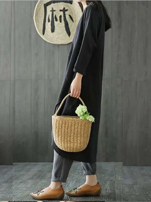 Bohemian o neck asymmetric linen cotton springLong Shirts Catwalk black Dresses