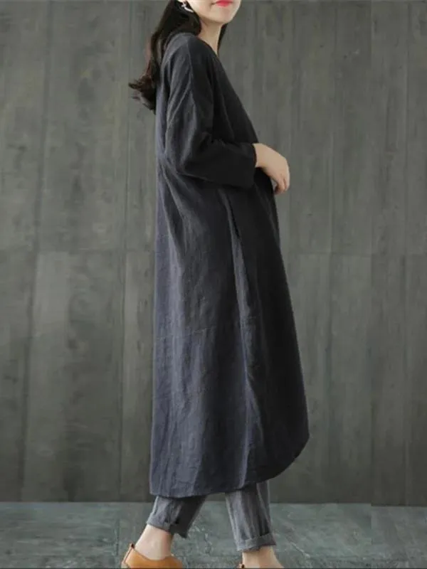 Bohemian o neck asymmetric linen cotton springLong Shirts Catwalk black Dresses