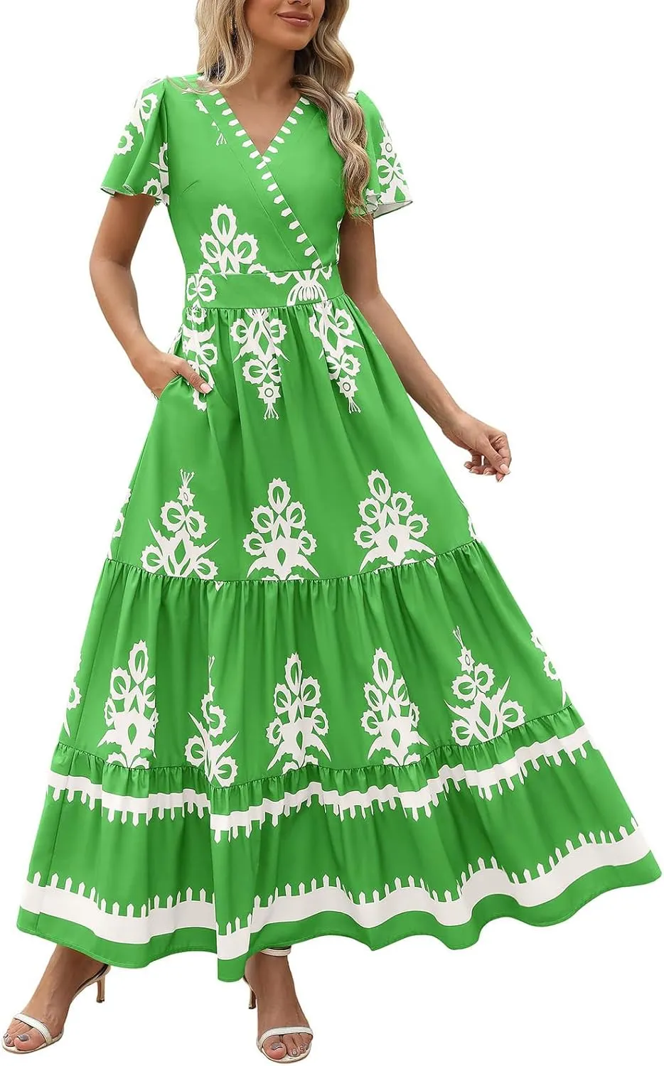 Boho Maxi Dress for Women 2025 Summer Casual V Neck Short Sleeve Flowy Long Dresses Aline Elegant Tiered Floral Dress