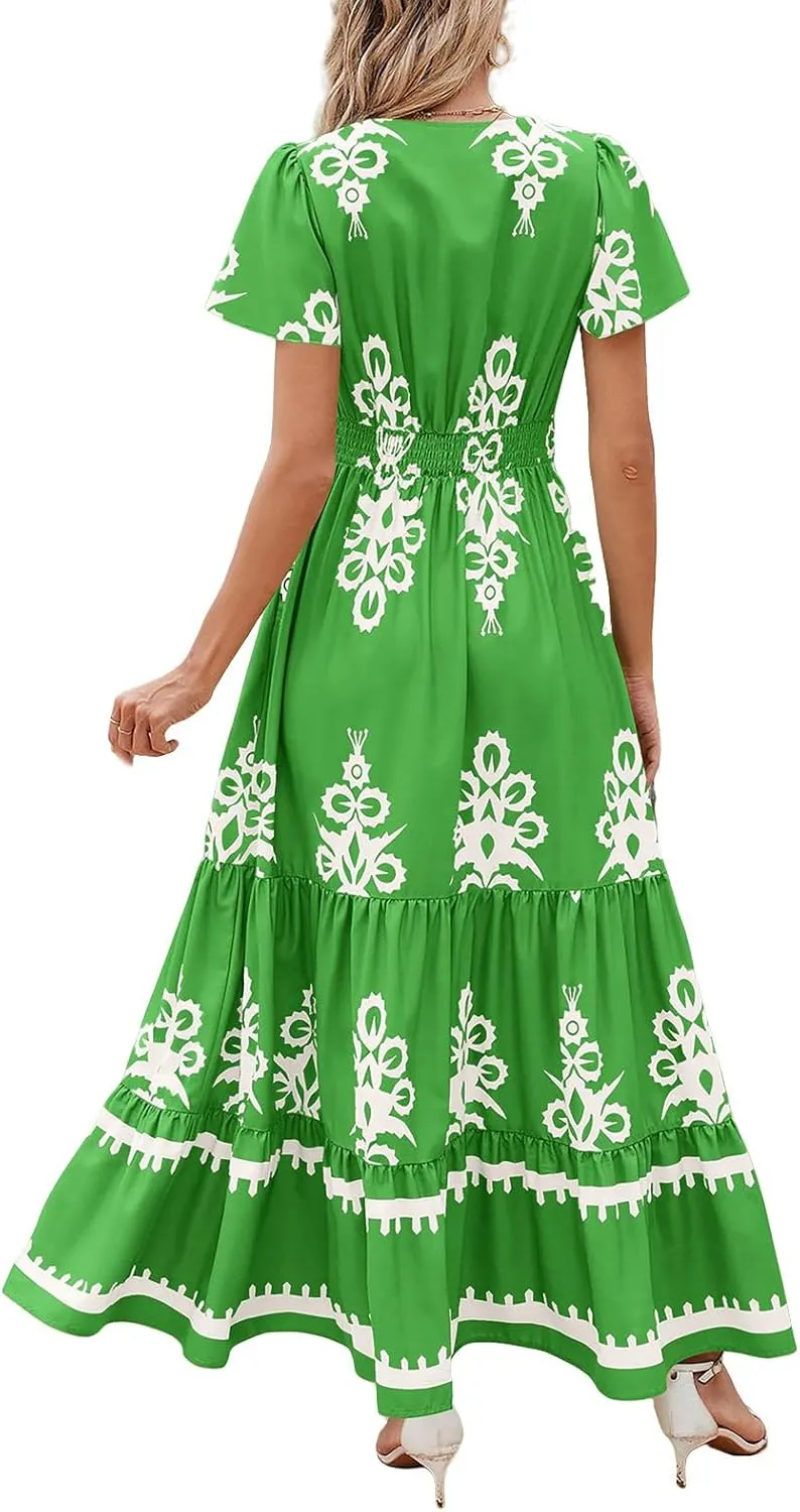 Boho Maxi Dress for Women 2025 Summer Casual V Neck Short Sleeve Flowy Long Dresses Aline Elegant Tiered Floral Dress