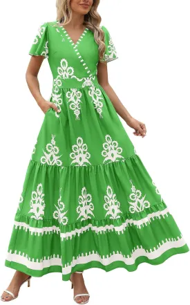Boho Maxi Dress for Women 2025 Summer Casual V Neck Short Sleeve Flowy Long Dresses Aline Elegant Tiered Floral Dress