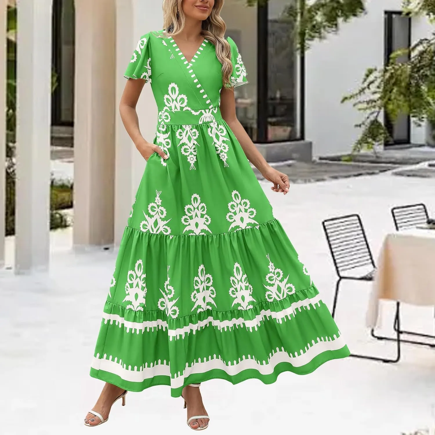 Boho Maxi Dress for Women 2025 Summer Casual V Neck Short Sleeve Flowy Long Dresses Aline Elegant Tiered Floral Dress