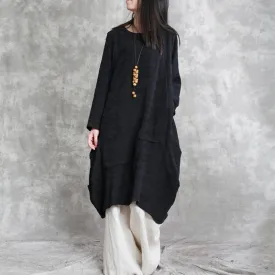 Boutique Black Cotton Linen Caftans Oversized O Neck Asymmetric Traveling Dress Vintage Long Sleeve Baggy Dresses