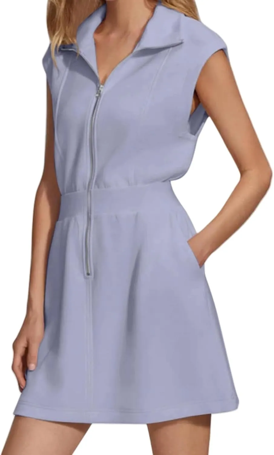 Casual Mini Dress for Women Summer Loose Lapel Zip Up Sleeveless Tank Dresses Workout Tunic Work Dress with Pockets
