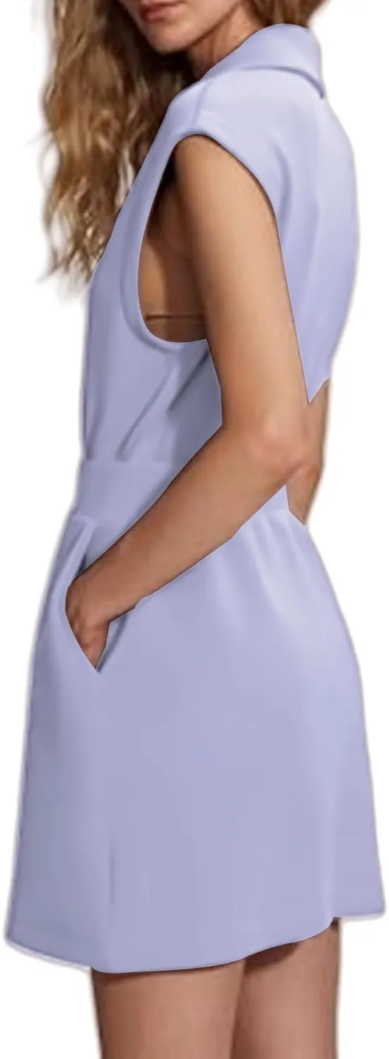 Casual Mini Dress for Women Summer Loose Lapel Zip Up Sleeveless Tank Dresses Workout Tunic Work Dress with Pockets