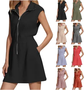 Casual Mini Dress for Women Summer Loose Lapel Zip Up Sleeveless Tank Dresses Workout Tunic Work Dress with Pockets