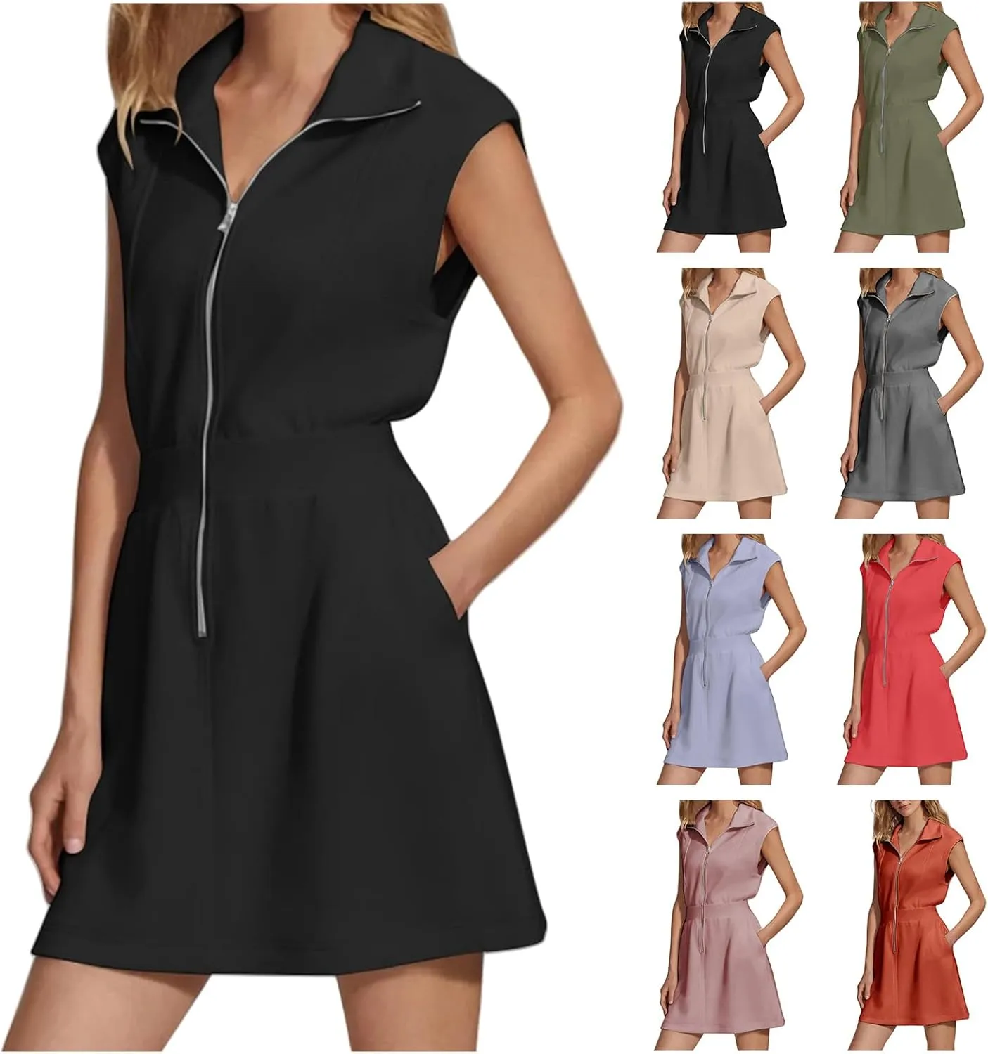 Casual Mini Dress for Women Summer Loose Lapel Zip Up Sleeveless Tank Dresses Workout Tunic Work Dress with Pockets