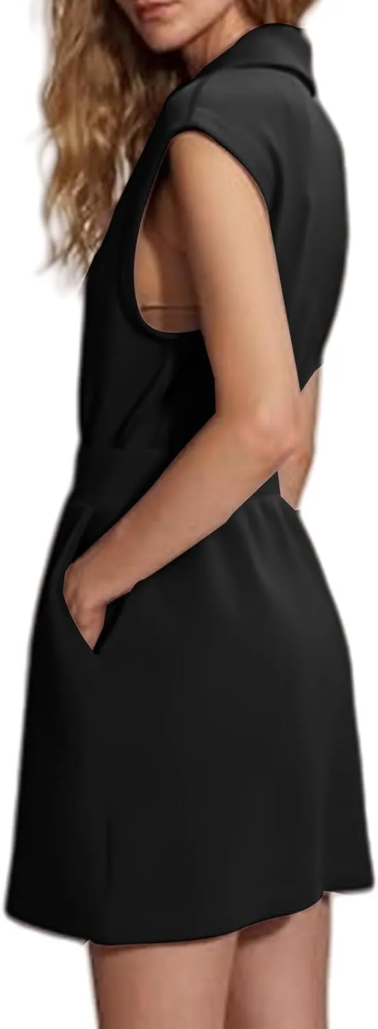 Casual Mini Dress for Women Summer Loose Lapel Zip Up Sleeveless Tank Dresses Workout Tunic Work Dress with Pockets