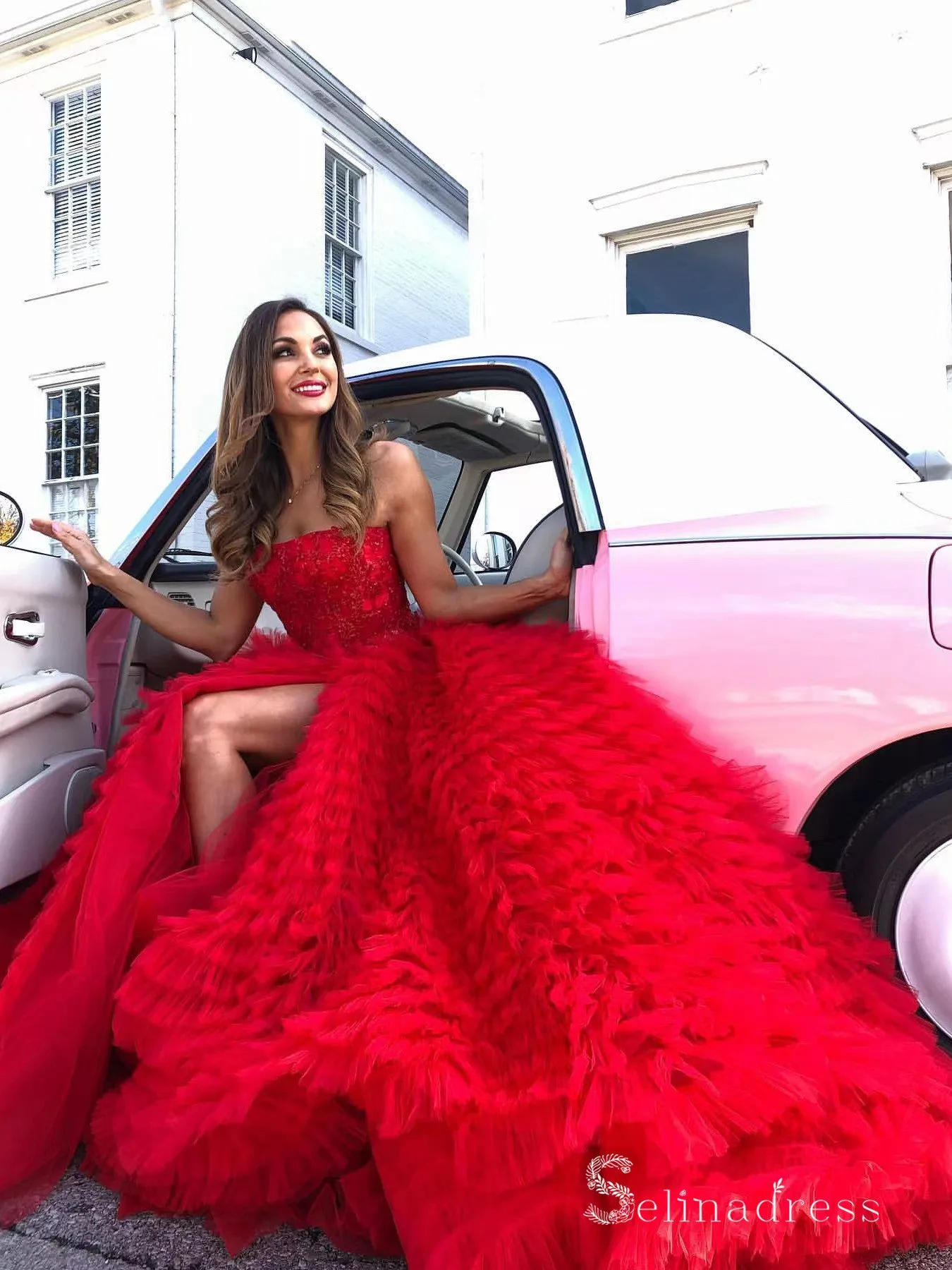 Chic Ball Gown Strapless Red Sequins Lace Prom Dresses Wedding Dresses MLH2006