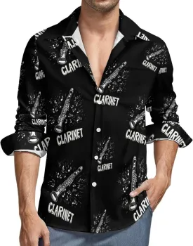 Clarinet Musical Notes Long Sleeve Hawaiian Shirt Men Casual Button Down Cuban Collar Beach Shirts