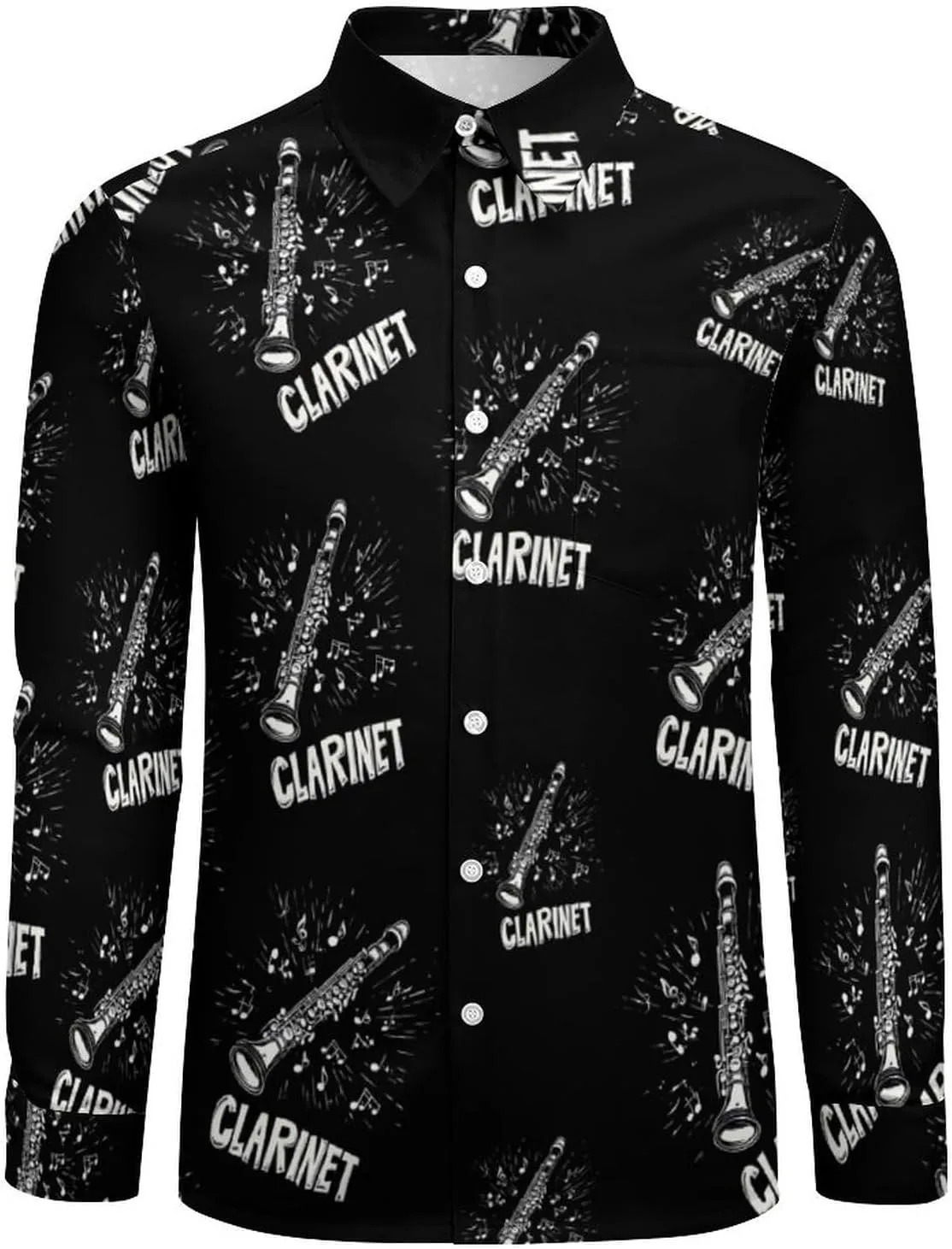 Clarinet Musical Notes Long Sleeve Hawaiian Shirt Men Casual Button Down Cuban Collar Beach Shirts