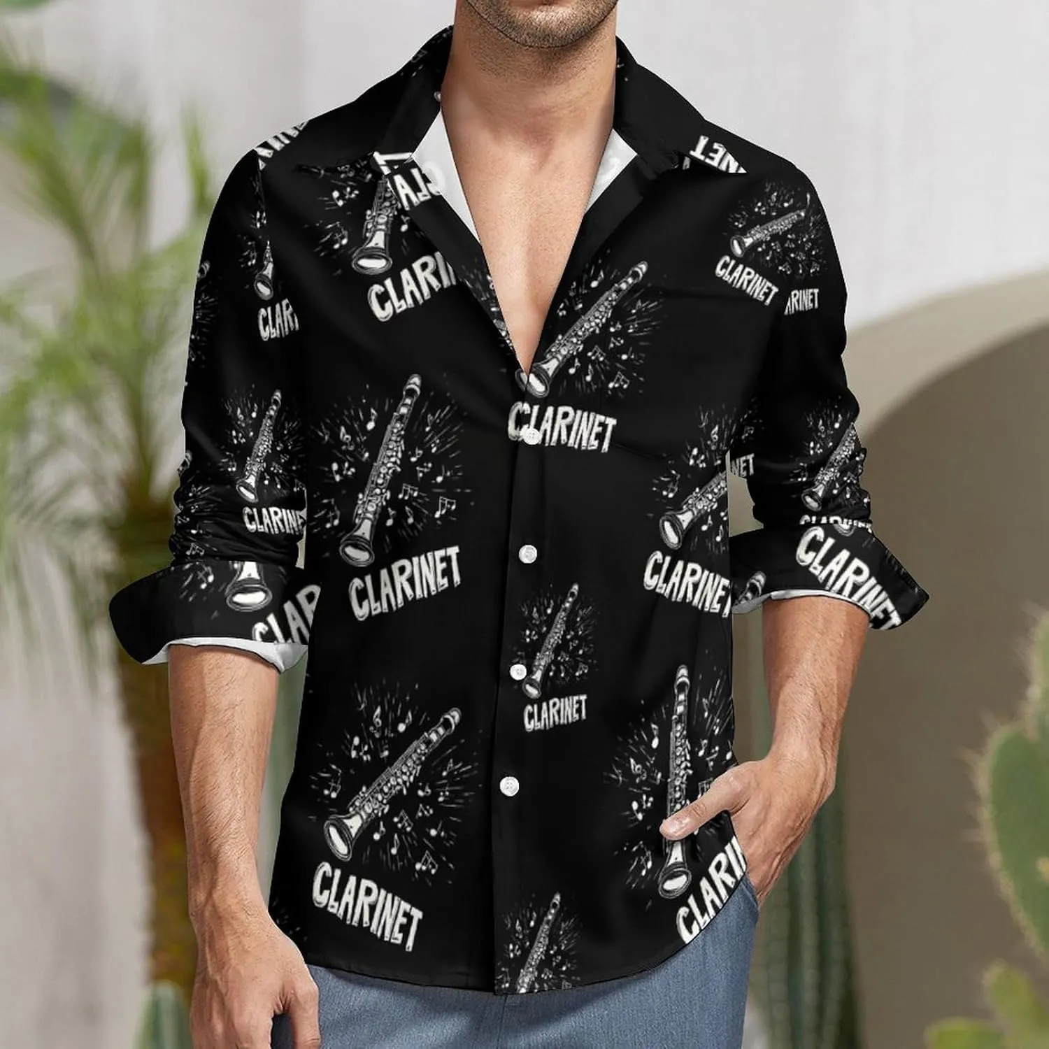 Clarinet Musical Notes Long Sleeve Hawaiian Shirt Men Casual Button Down Cuban Collar Beach Shirts