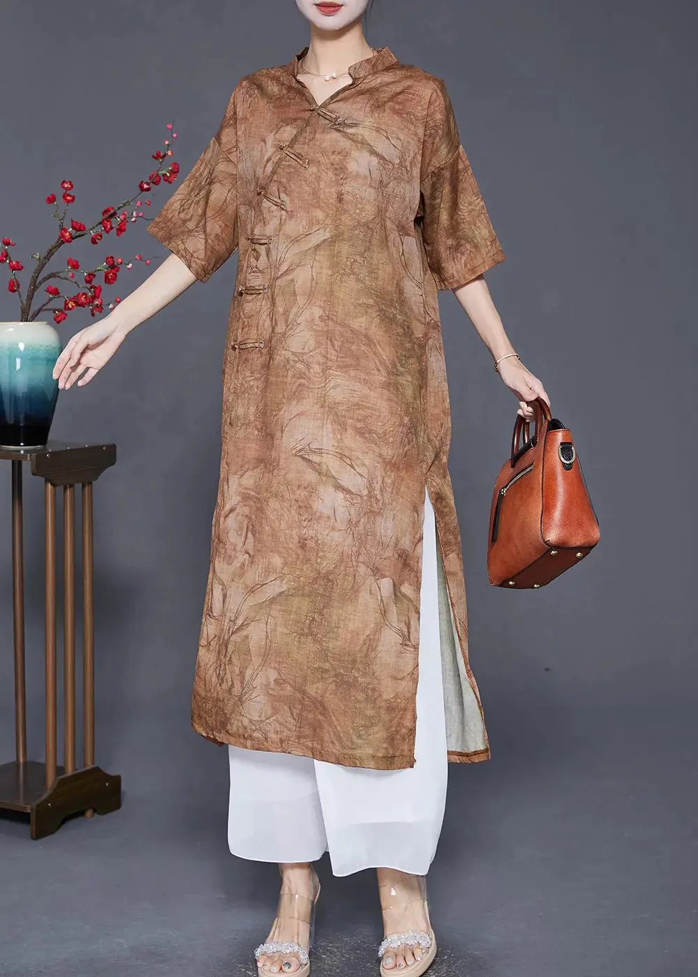 Coffee Oversized Linen Gown Dresses Chinese Button Side Open Summer LY8032