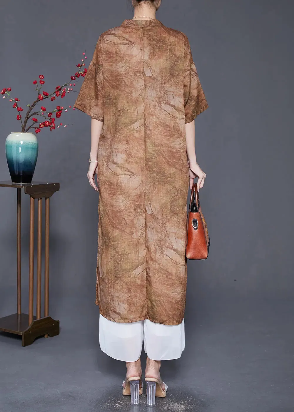 Coffee Oversized Linen Gown Dresses Chinese Button Side Open Summer LY8032
