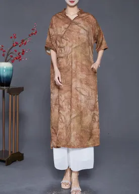 Coffee Oversized Linen Gown Dresses Chinese Button Side Open Summer LY8032