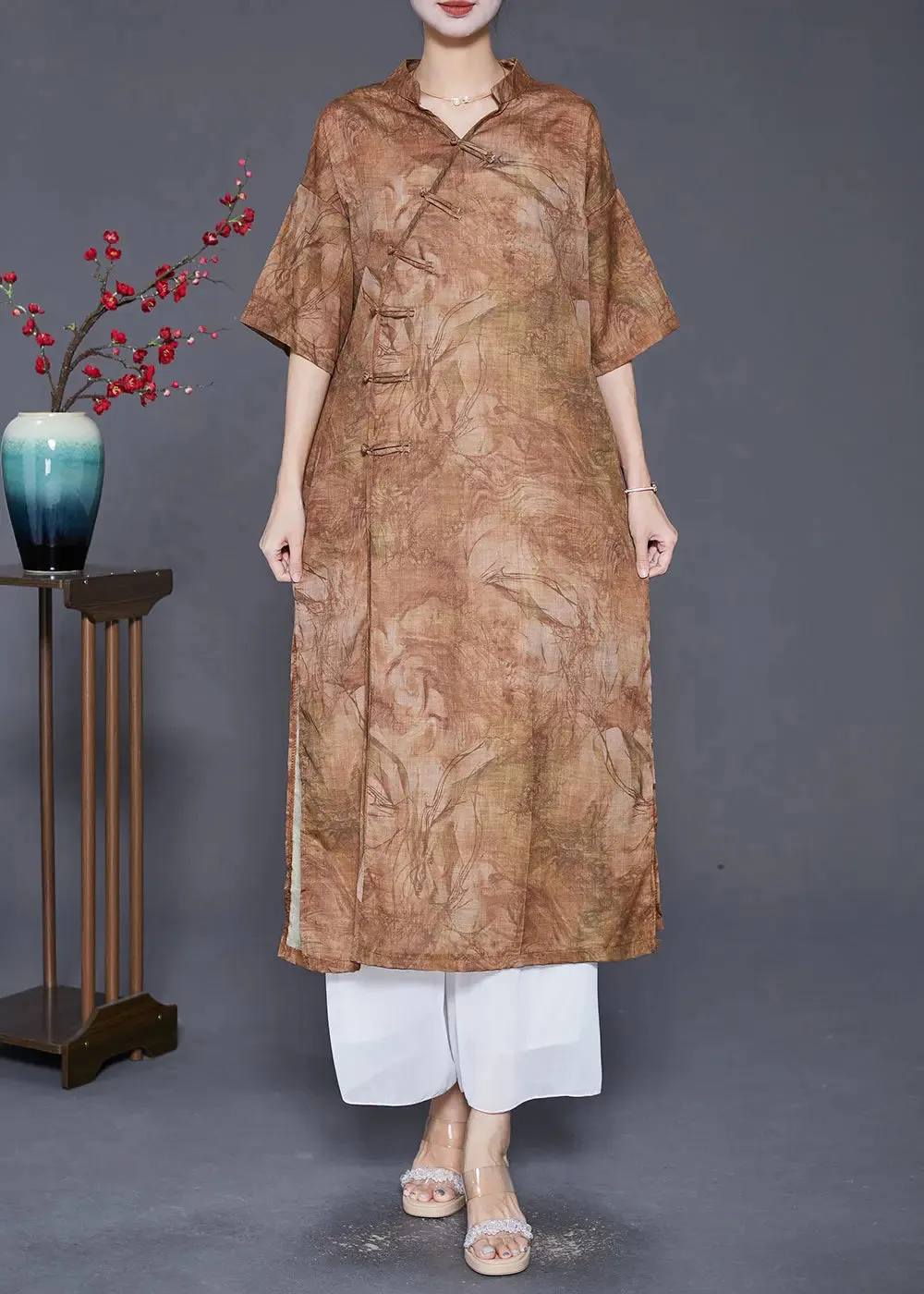 Coffee Oversized Linen Gown Dresses Chinese Button Side Open Summer LY8032