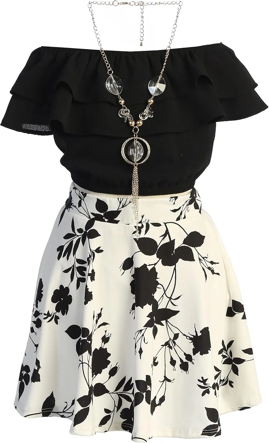 Cold Shoulder Crop Top Ruffle Layered Top Flower Girl Skirt Sets for Girl