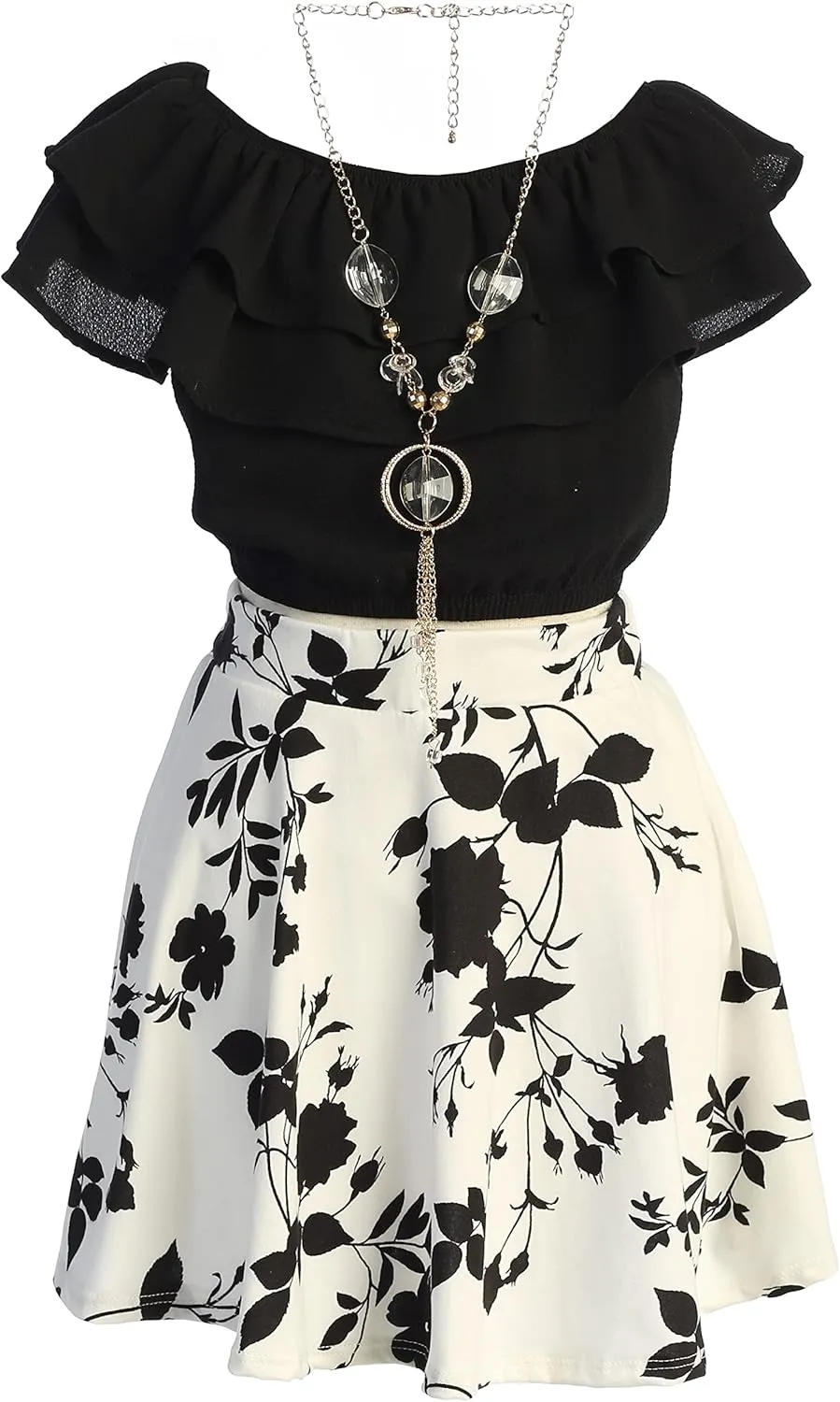Cold Shoulder Crop Top Ruffle Layered Top Flower Girl Skirt Sets for Girl