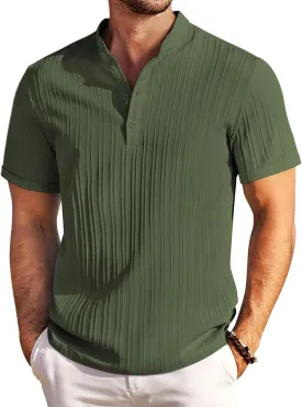 COOFANDY Men Casual Henley Tee Shirt Short Sleeve Band Collar Summer Beach Textured T-Shirt