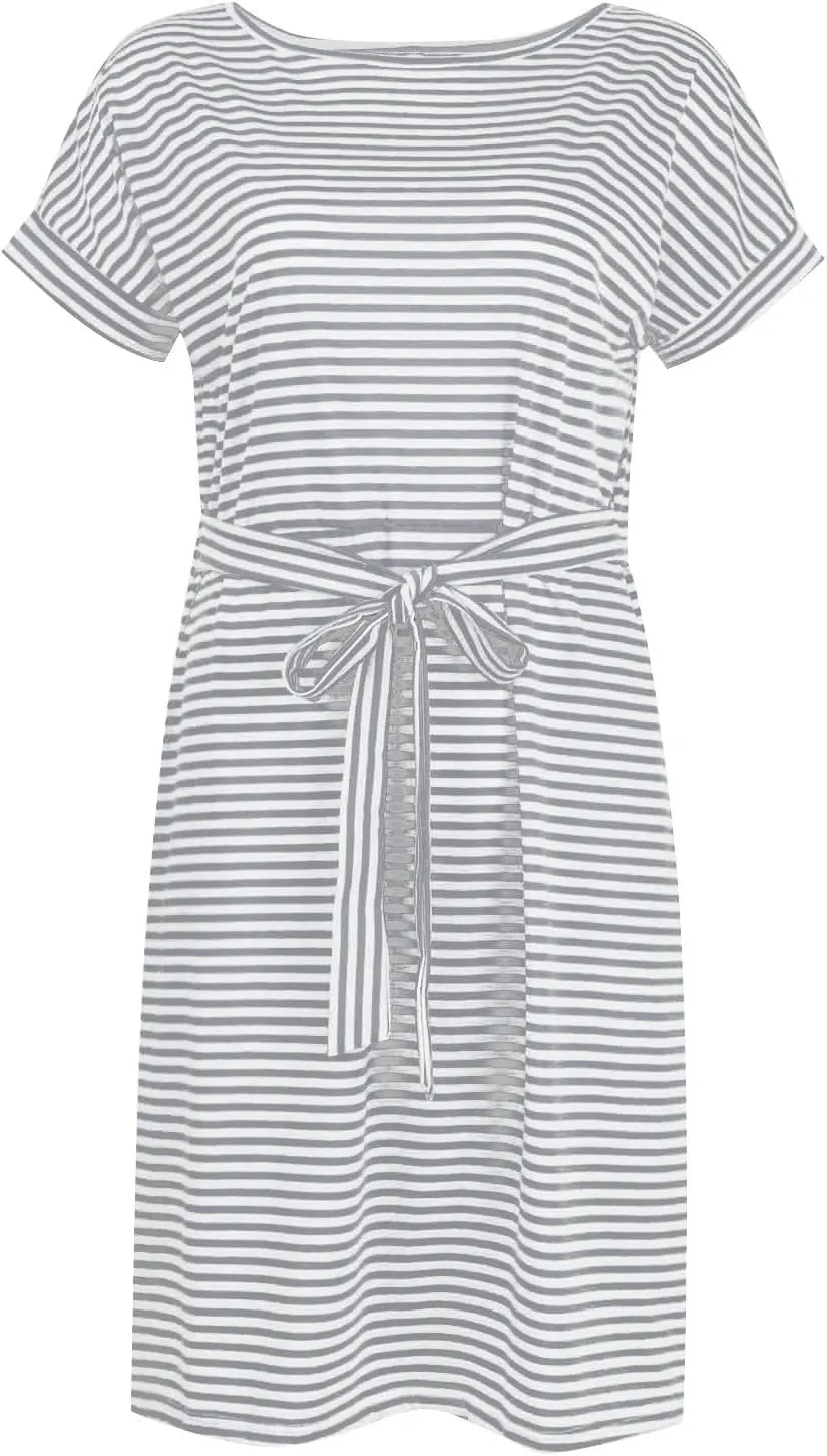 Cotton T Shirt Dresses for Women 2024 Cute Striped Summer Dress Tie Waist Casual Sun Dresses with Pockets