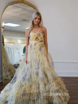 Cute A Line Cutout Straps Floral Print Tulle Tiered Prom Dress lpk550