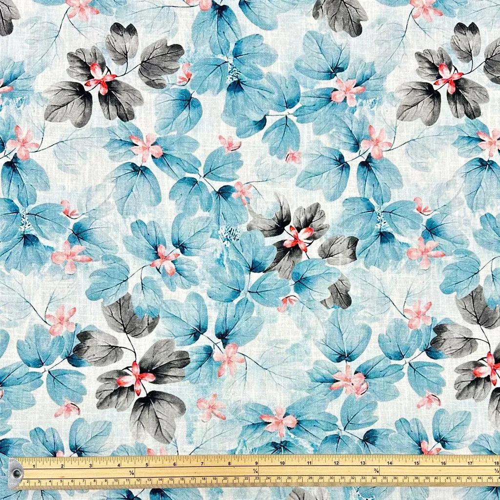 Dusky Blue and Grey Leaves Linen Blend Fabric
