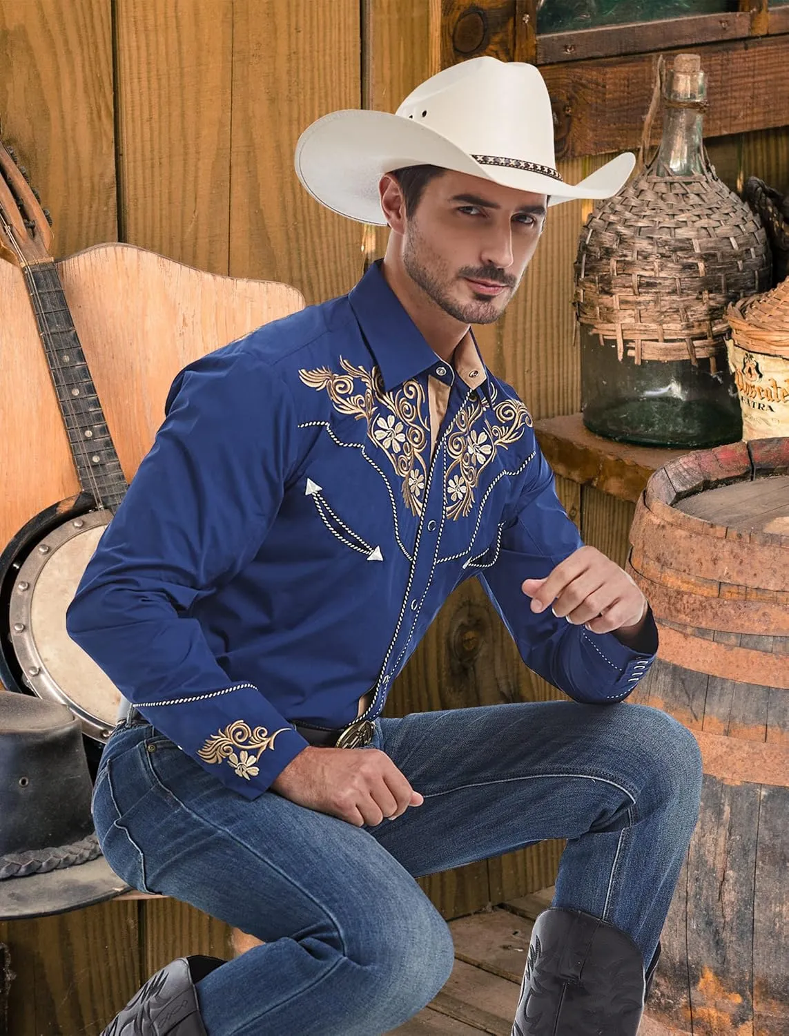 EL PIONERO Men's Western Shirt Long Sleeve Embroidered Cowboy Casual Snap Button Shirt