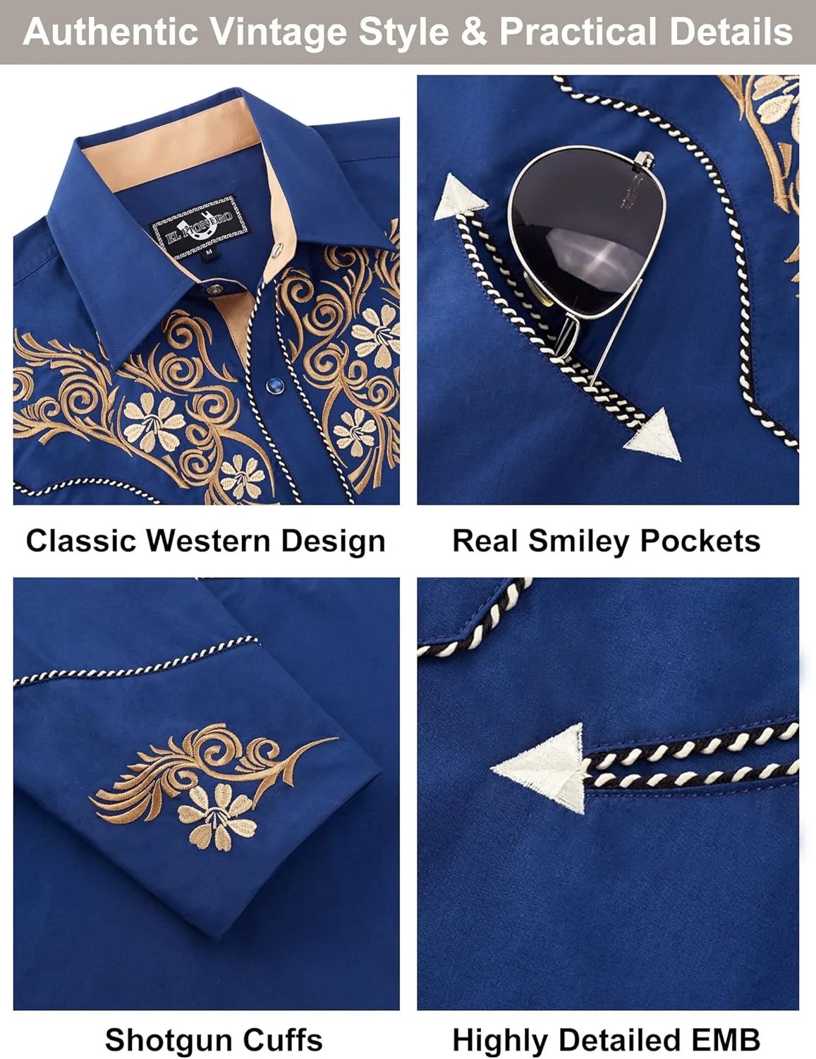 EL PIONERO Men's Western Shirt Long Sleeve Embroidered Cowboy Casual Snap Button Shirt