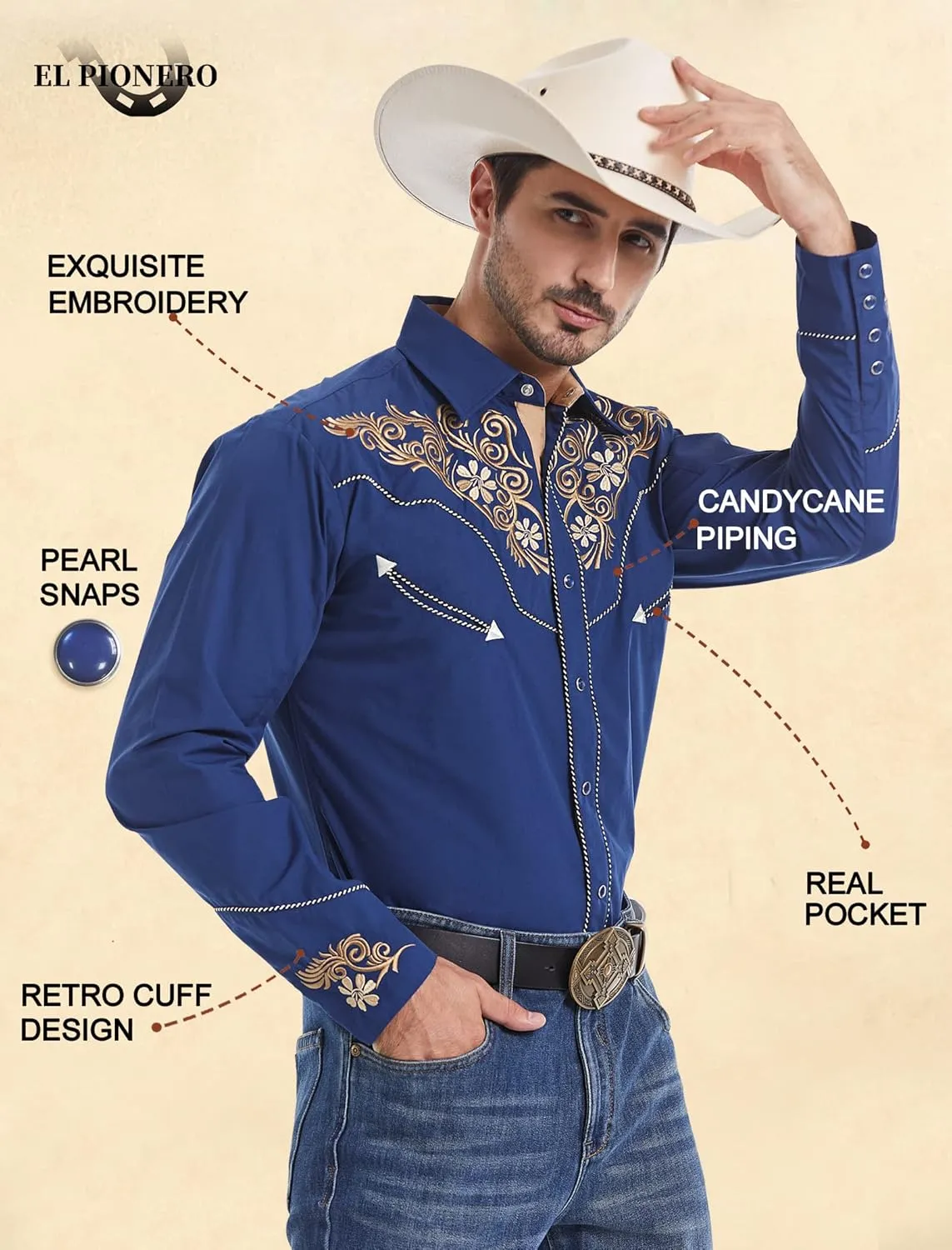 EL PIONERO Men's Western Shirt Long Sleeve Embroidered Cowboy Casual Snap Button Shirt