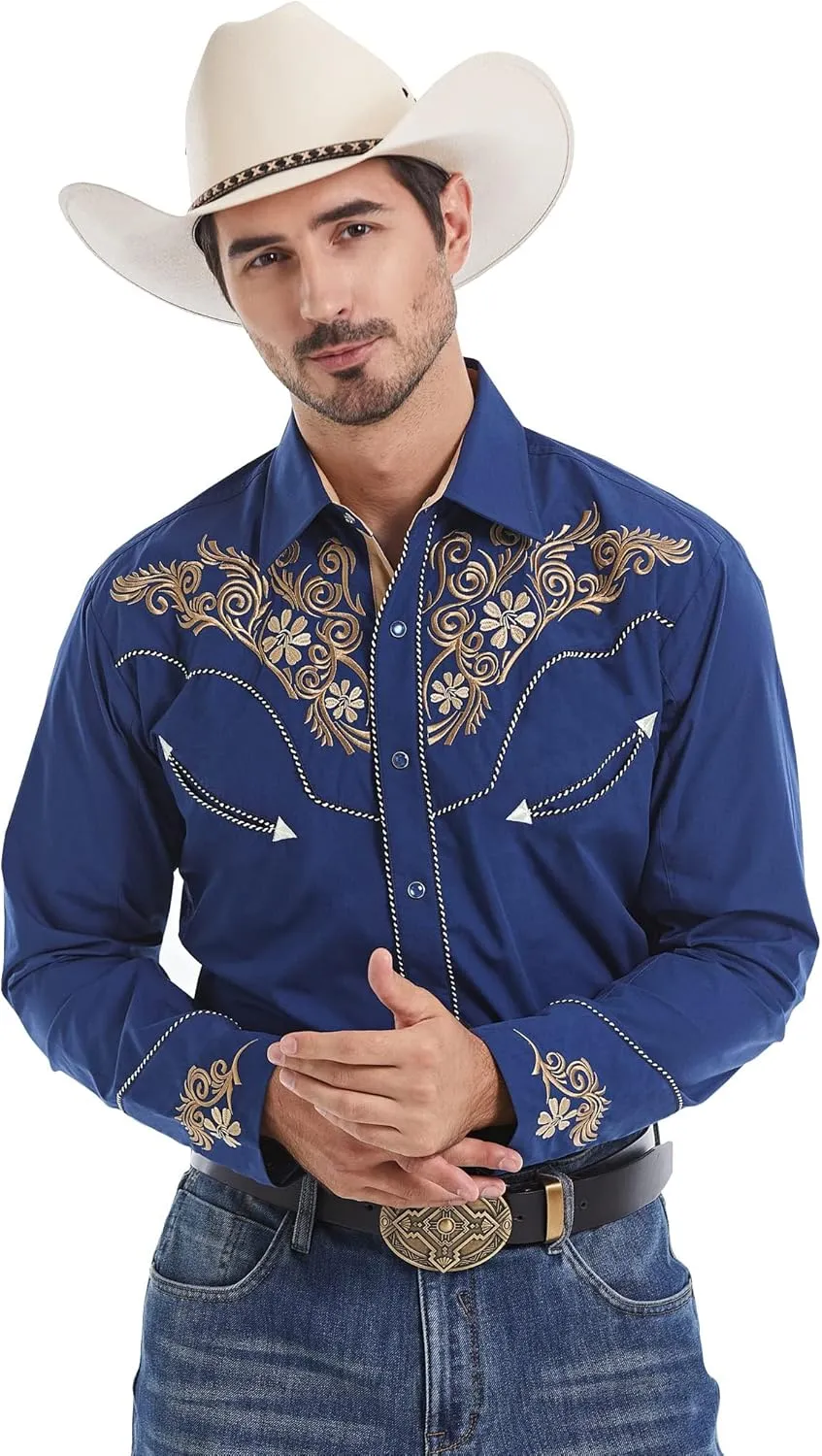 EL PIONERO Men's Western Shirt Long Sleeve Embroidered Cowboy Casual Snap Button Shirt