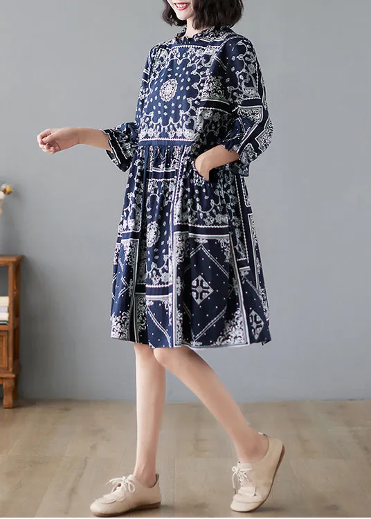 Elegant Navy Ruffled Print Linen Dresses Half Sleeve LY2382