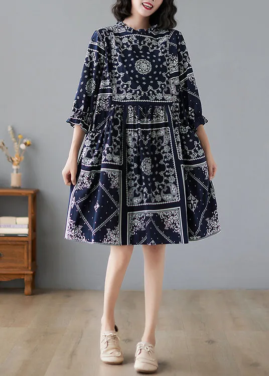 Elegant Navy Ruffled Print Linen Dresses Half Sleeve LY2382