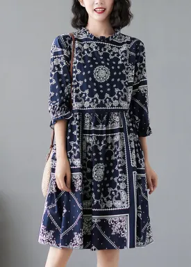 Elegant Navy Ruffled Print Linen Dresses Half Sleeve LY2382