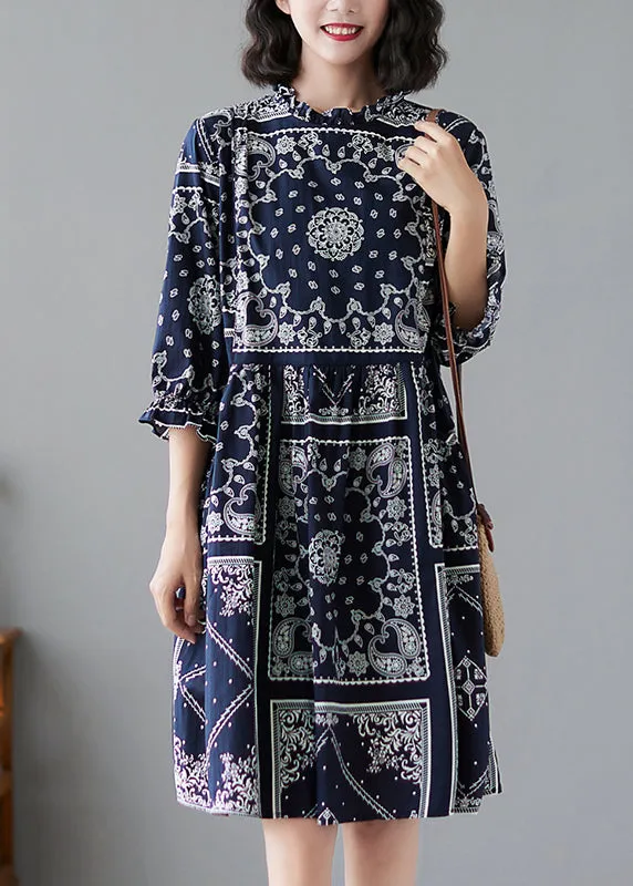 Elegant Navy Ruffled Print Linen Dresses Half Sleeve LY2382