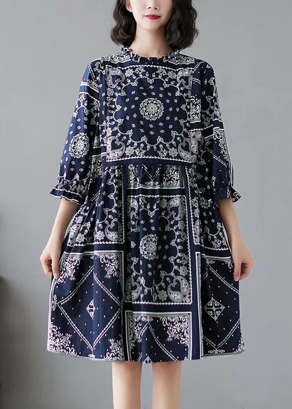 Elegant Navy Ruffled Print Linen Dresses Half Sleeve LY2382