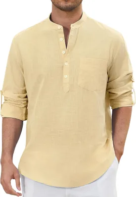 Enlision Mens Cotton Linen Henley Shirts Long Sleeve Casual Shirt Summer Beach Hippie T-Shirt Band Collar Shirt & Pocket