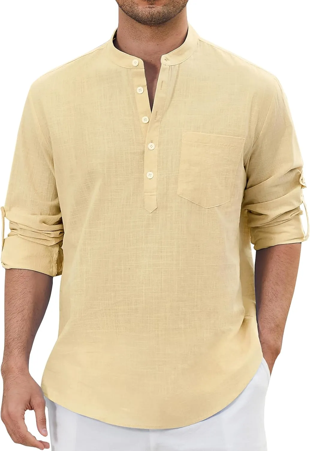 Enlision Mens Cotton Linen Henley Shirts Long Sleeve Casual Shirt Summer Beach Hippie T-Shirt Band Collar Shirt & Pocket