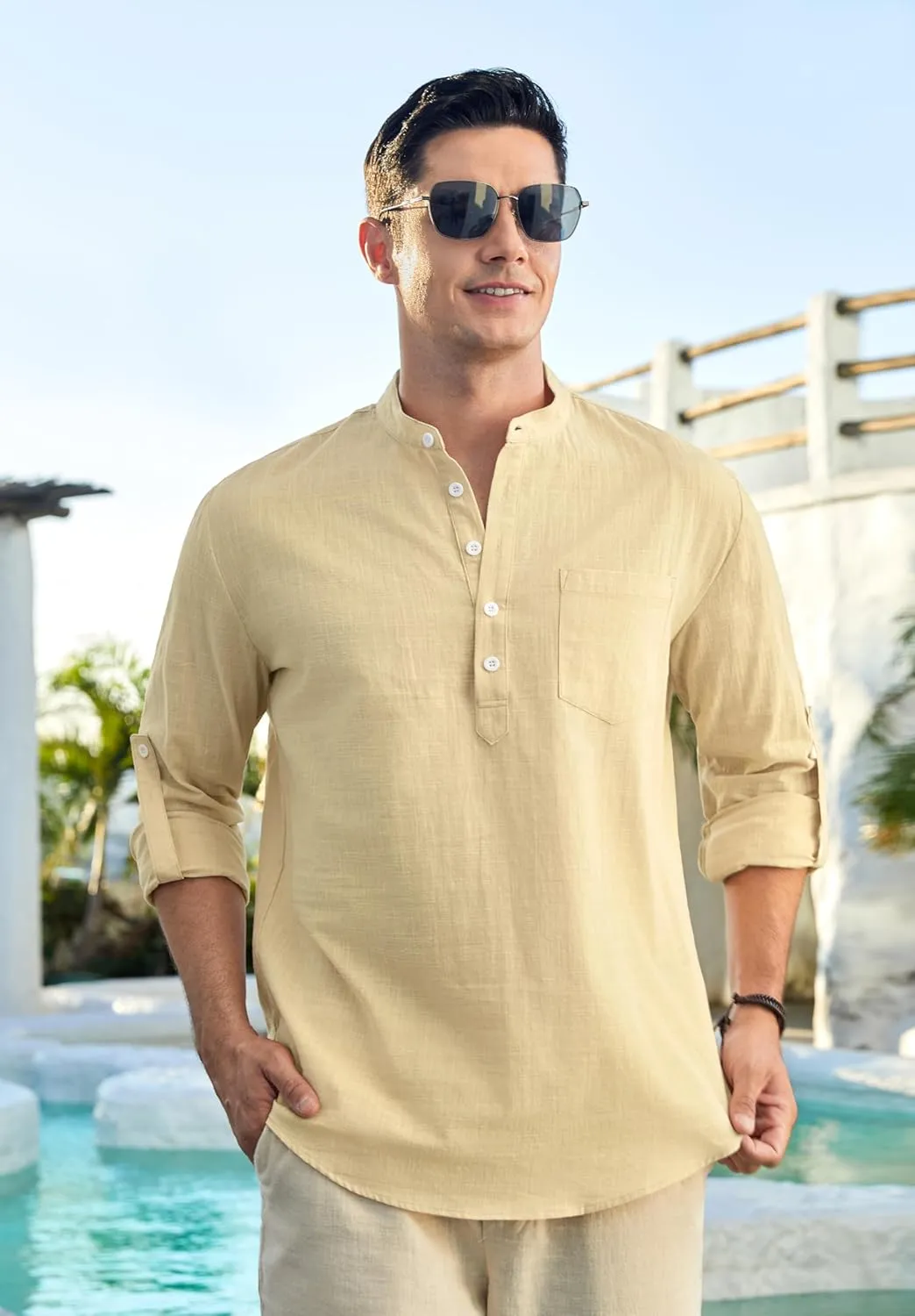 Enlision Mens Cotton Linen Henley Shirts Long Sleeve Casual Shirt Summer Beach Hippie T-Shirt Band Collar Shirt & Pocket
