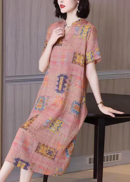 French Colorblock V Neck Print Patchwork Linen Dresses Summer TP1048